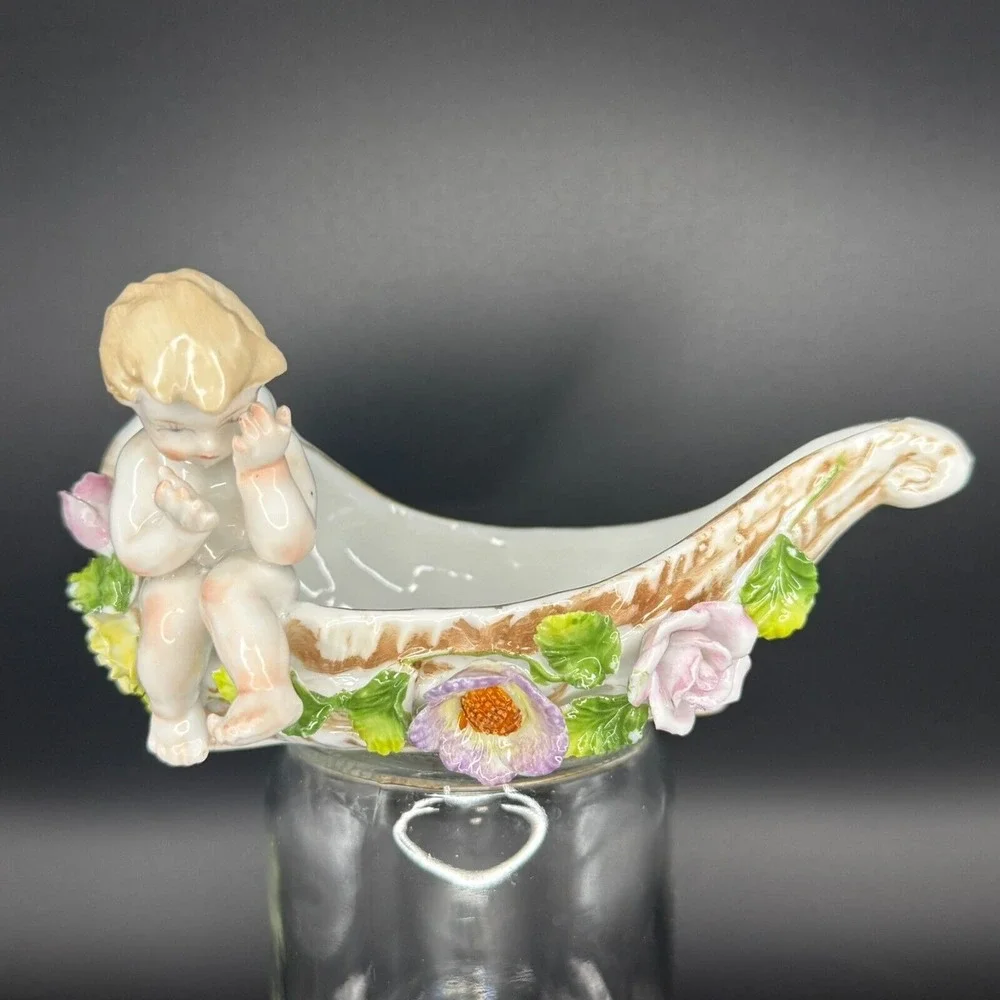 Vintage Cherub Angel Shell Porcelain Trinket Pink Flower Dish‎ Shabby Chic